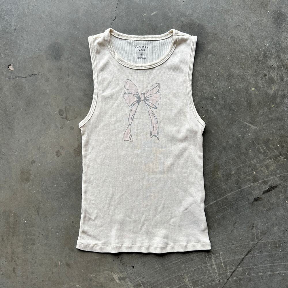 American Eagle Tank Top Women's Large Cream Bow Knot Ribbon Rib Tank